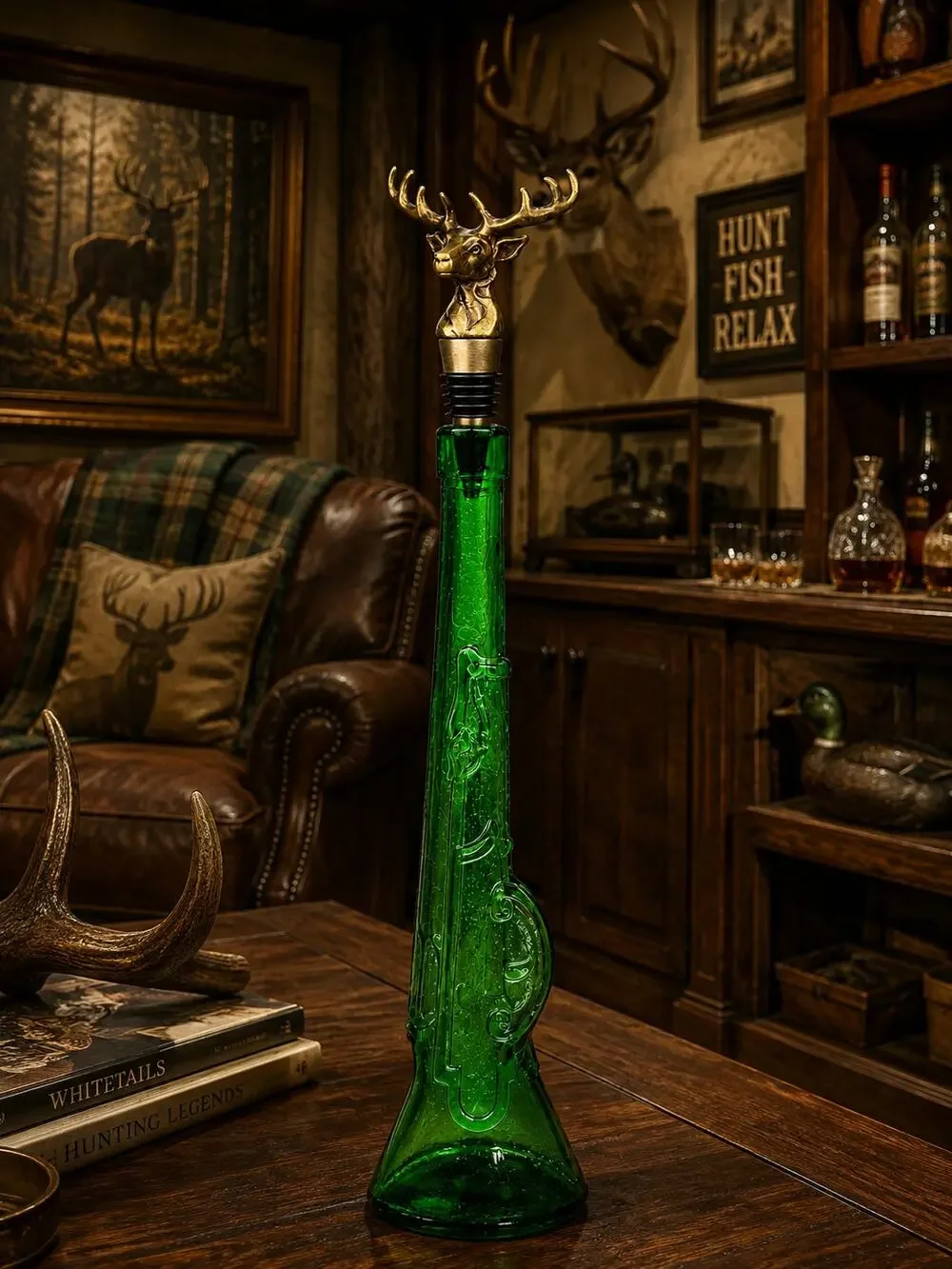 Vintage Empoli Green Glass Rifle Decanter Stag Deer Stopper Hunter Decor Italy